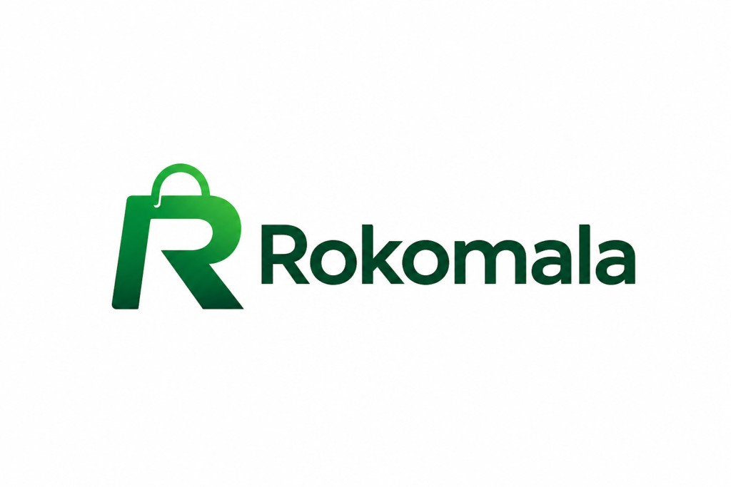 Rokomala logo featuring a green shopping bag inspired letter R